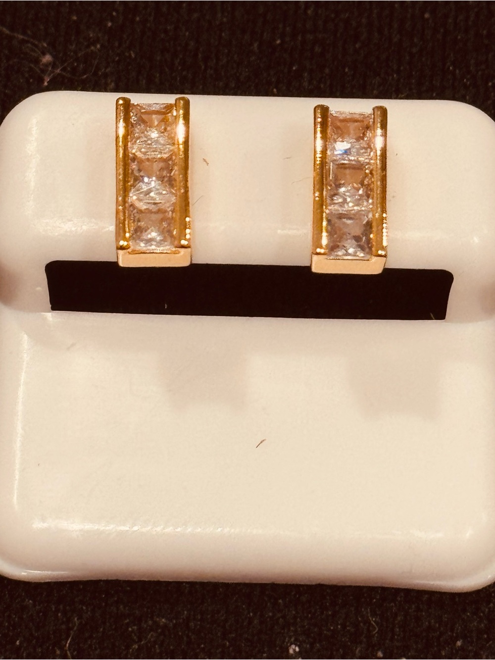 NWT AJ USA Stainless Steel Gold Tone Princess Cut Crystal Bar Stud Earrings